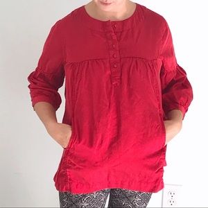 Silk Blend Tunic with Pockets and Lantern Sleeves